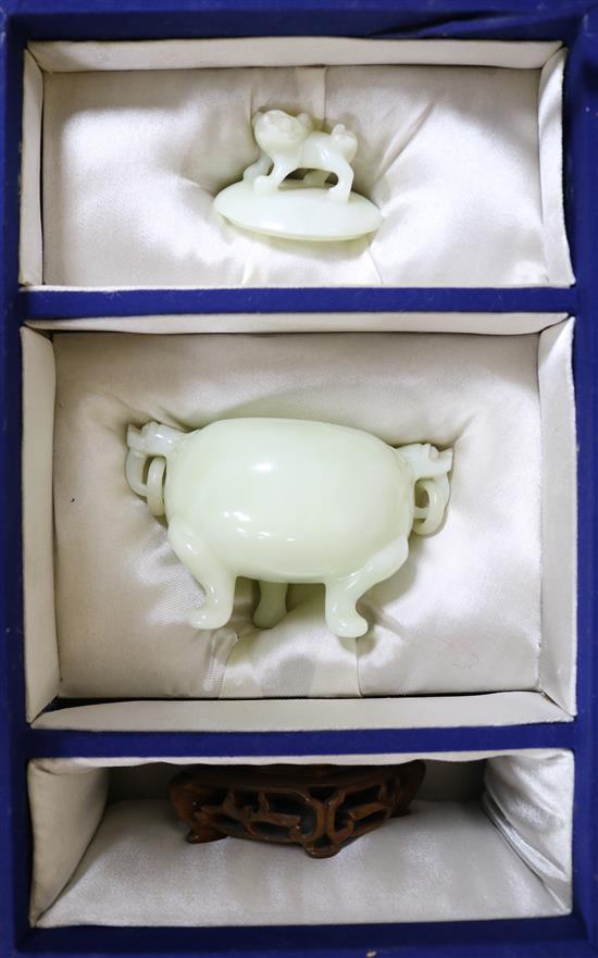 A Chinese pale celadon hardstone censer and cover, box